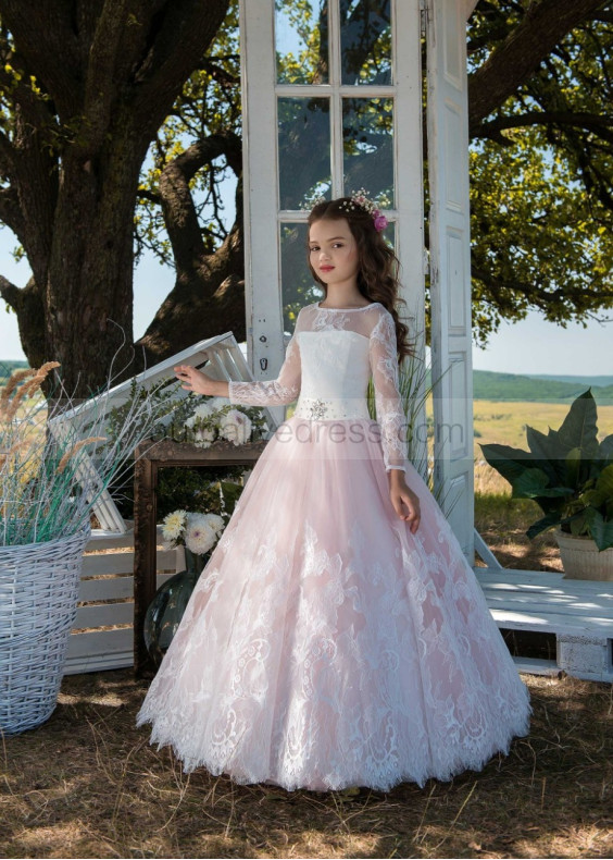 Long Sleeves Ivory Lace Pink Tulle Romantic Spring Flower Girl Dress